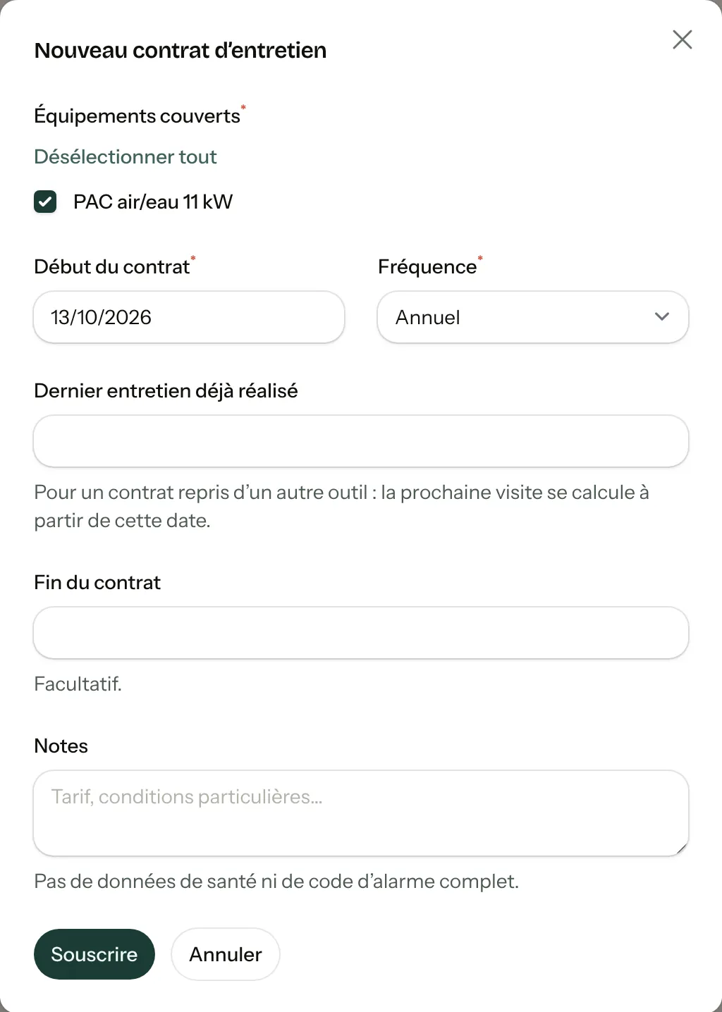 Fenêtre Nouveau contrat d’entretien : équipements couverts, début, fréquence, dernier entretien déjà réalisé, fin, notes