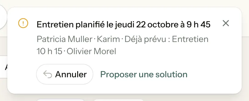 Message Entretien planifié le vendredi 23 octobre à 8 h, Patricia Muller, Karim, avec un bouton Annuler