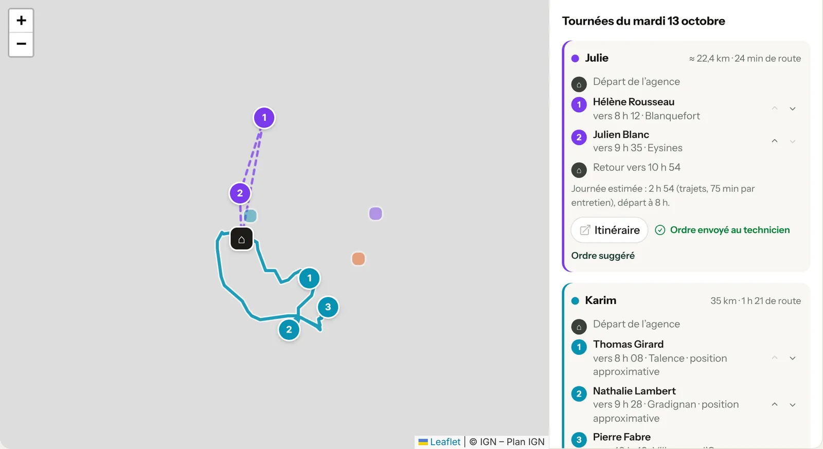 Carte des tournées du mardi 13 octobre : trajets de Julie et Karim au départ de l’agence, liste des arrêts avec heures estimées