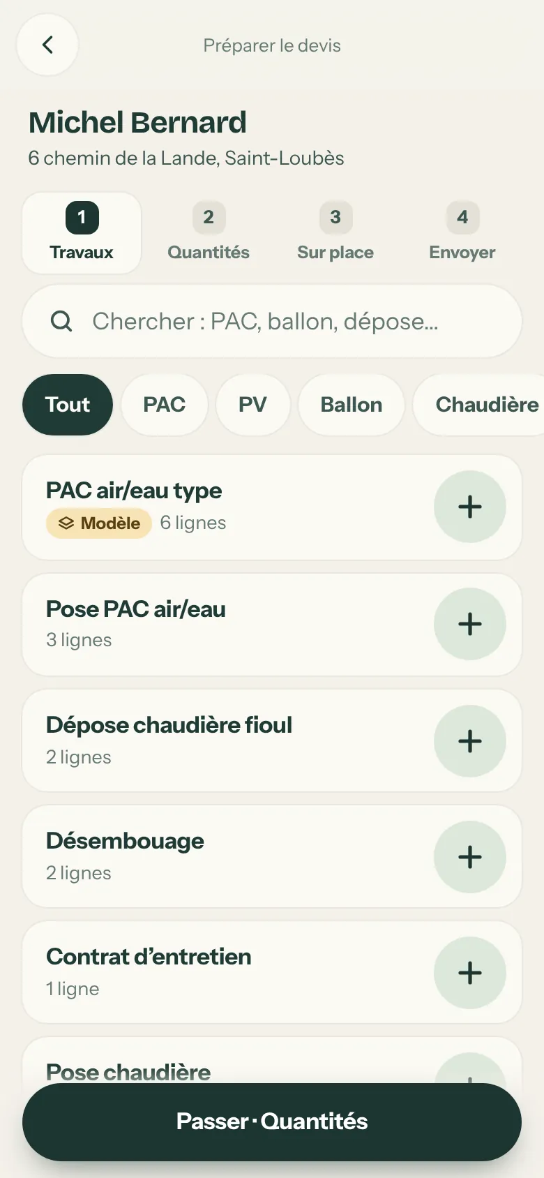 Préparer le devis chez Michel Bernard : étapes Travaux, Quantités, Sur place, Envoyer ; familles PAC, PV, Ballon ; modèle PAC air/eau type et ouvrages