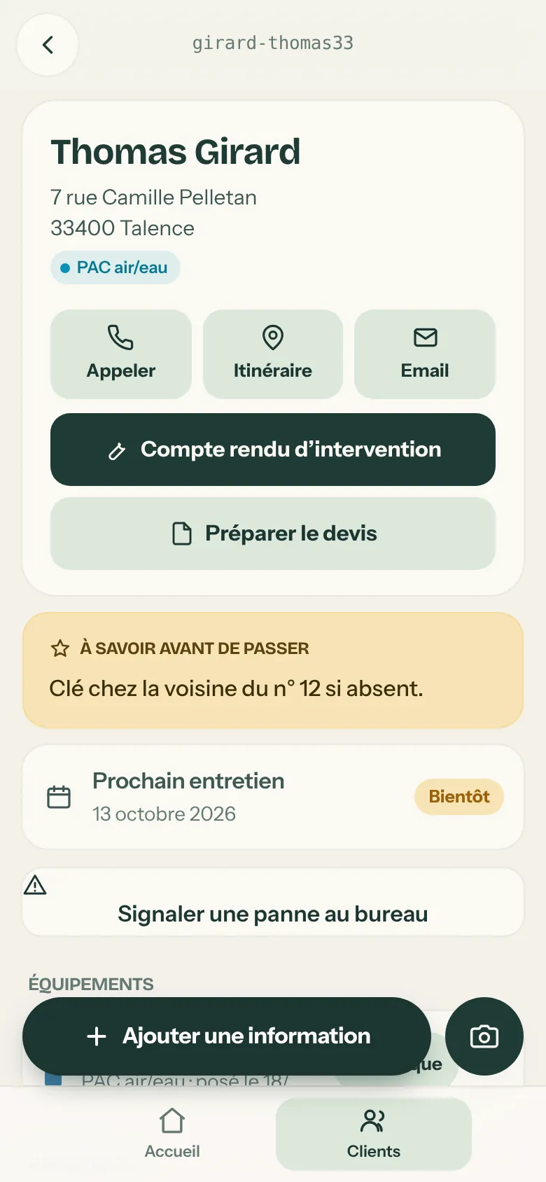 Fiche de Thomas Girard sur le téléphone : boutons Appeler, Itinéraire, Email, Compte rendu d’intervention, Préparer le devis, encadré À savoir avant de passer, prochain entretien