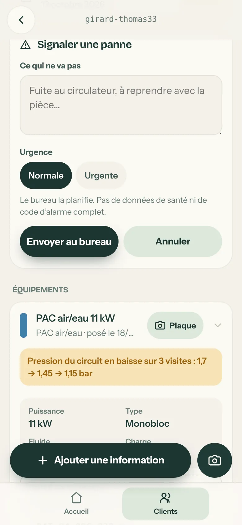 Formulaire Signaler une panne sur le téléphone : ce qui ne va pas, urgence normale ou urgente, bouton Envoyer au bureau