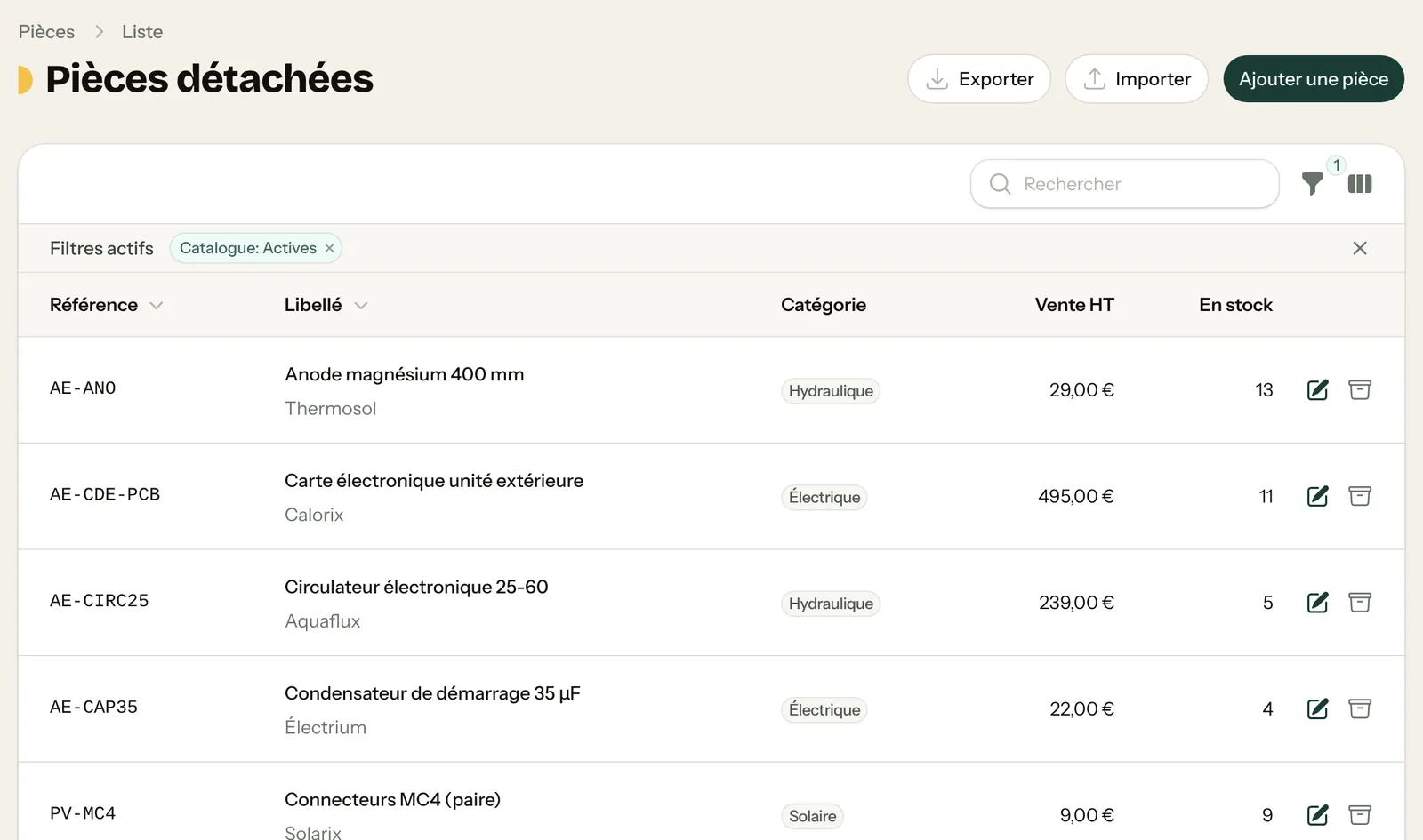 Catalogue des pièces détachées : référence, libellé, catégorie, prix de vente, quantité en stock