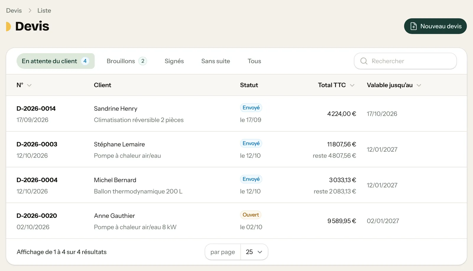 Liste des devis en attente du client : numéro, client, travaux, statut, total TTC, reste à charge, date de validité