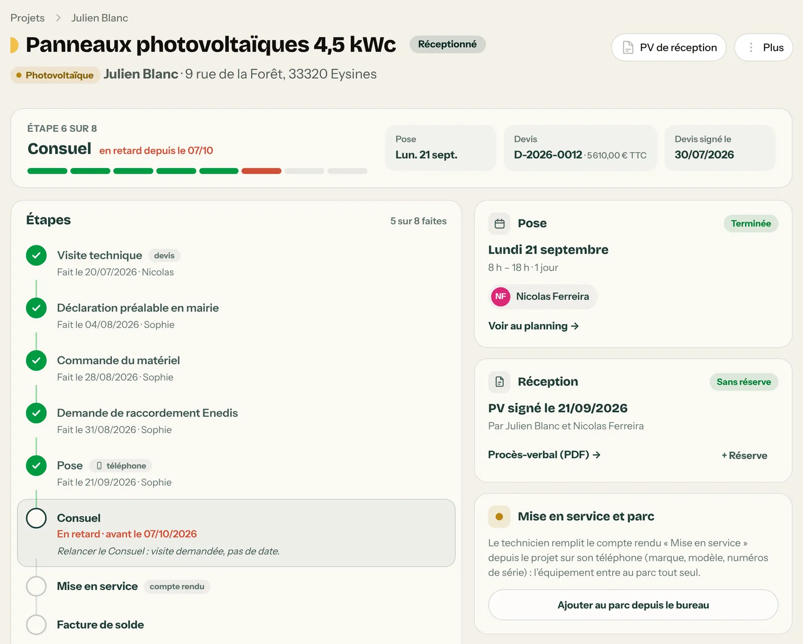 Projet photovoltaïque de Julien Blanc : Consuel en retard depuis le 7 octobre, note Relancer le Consuel, réception sans réserve, PV signé et procès-verbal en PDF