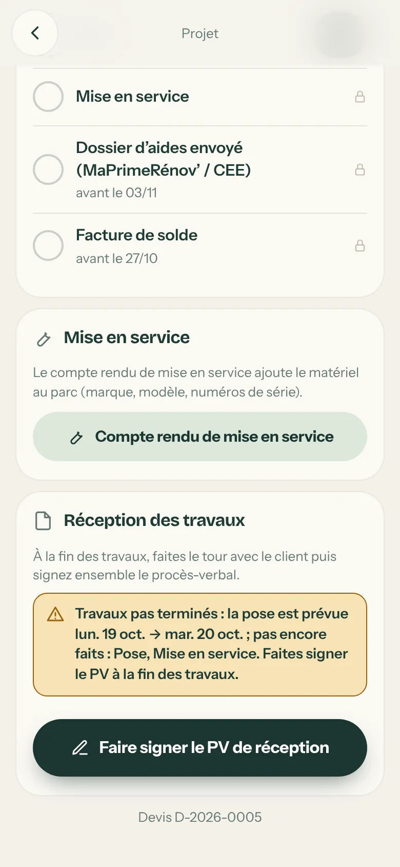 Bas du projet sur le téléphone : Compte rendu de mise en service et Faire signer le PV de réception