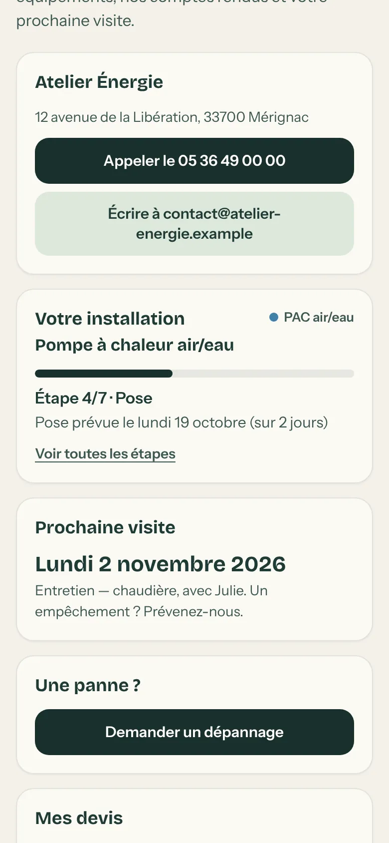Espace client de Michel Bernard : son installation en cours avec l’étape Pose, sa prochaine visite d’entretien, demander un dépannage