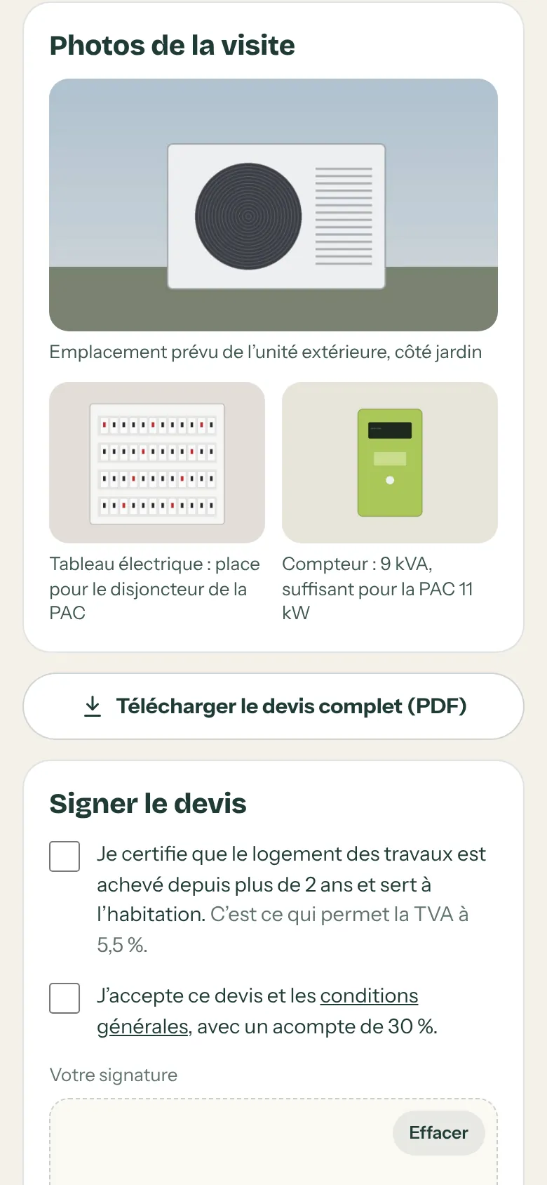 Photos de la visite sur la page du devis : emplacement de l’unité extérieure, tableau électrique, compteur, avec leur légende, et le bouton Télécharger le devis complet